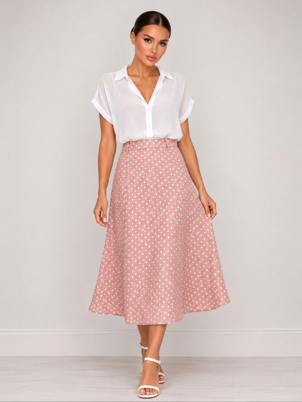 Comparia Fantástica Pink & White Polka Dot Fit & Flare Cotton Blend Midi Skirt